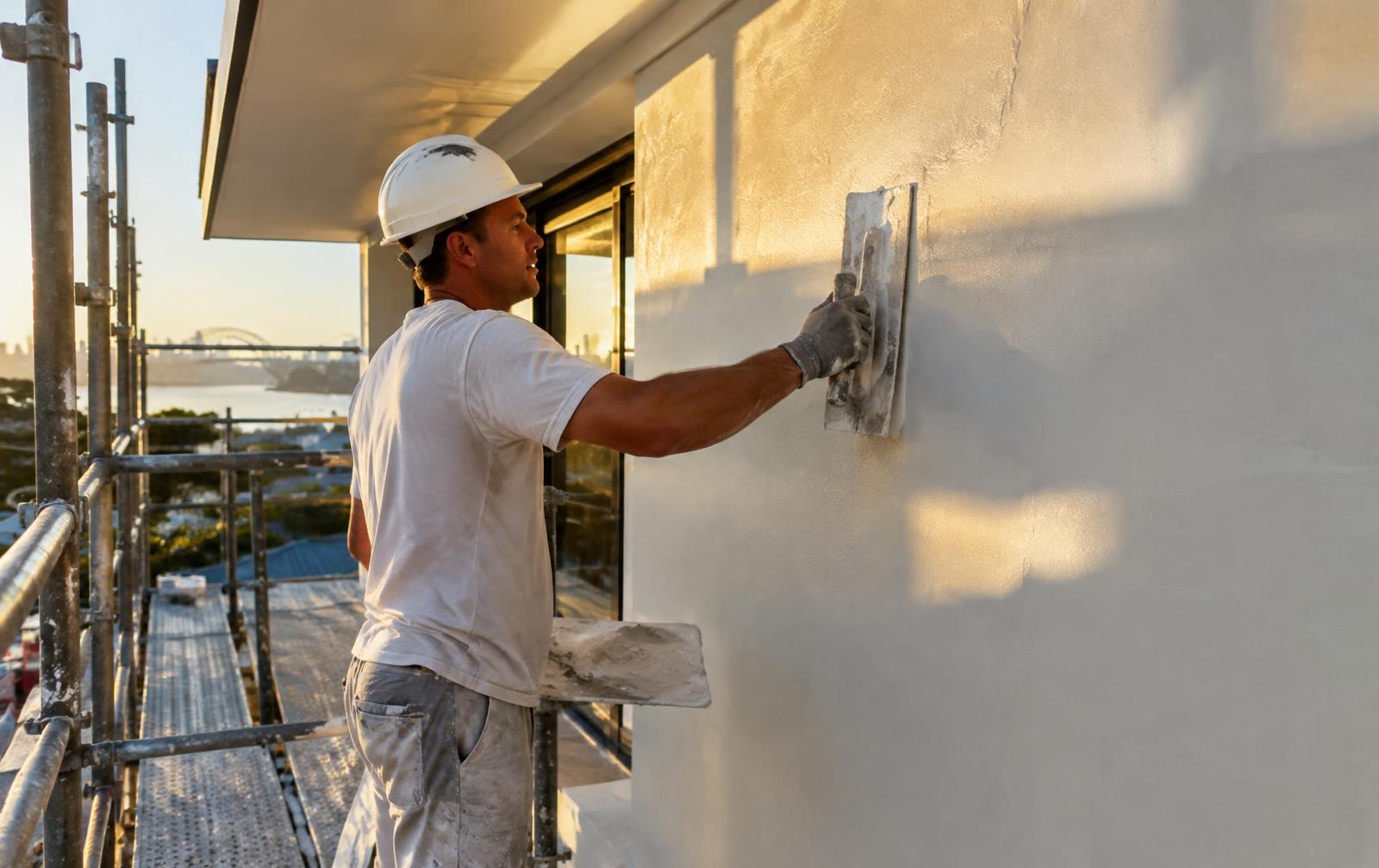 Renderer applying cement render to a Sydney home